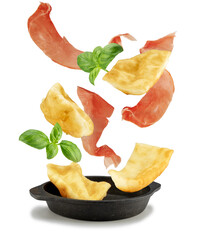 Deep fried dough, dry cured ham and basil leaves falling into  a cast iron pan isolated on white. Italian antipasto ingredients.