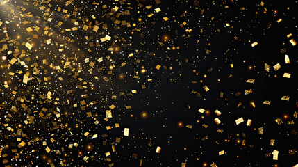 Sparkling golden confetti explosion on a dark background, leaving space for celebration messages