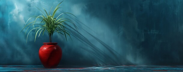 a beautiful plant standing in a red vase over a blue wall