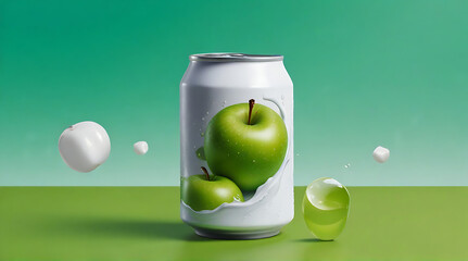 A completely White empty soda floating can on the vibrant green background, green apple advertisement background, apple juice