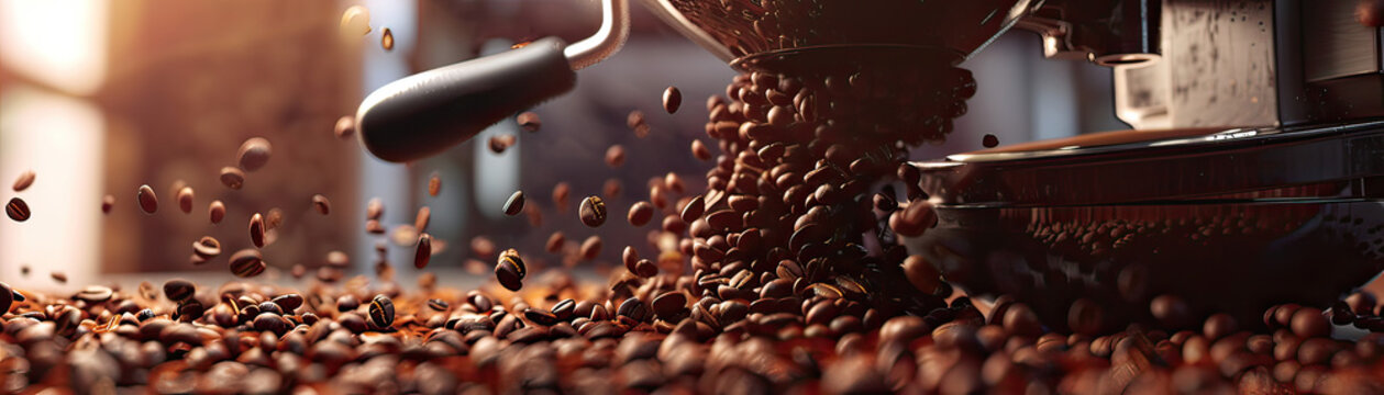 Animated coffee beans pouring into a grinder, fresh grounds tumbling out, celebrating the art of coffee making