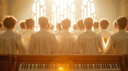 A choir of angels holding gospel hymns, their voices ascending towards the radiant gates of heaven, embodying the soulful journey of faith through music - obrazy, fototapety, plakaty