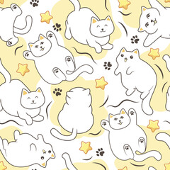 The seamless pattern with kawaii cartoon cats. Cute kittens and stars. 
