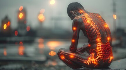 A contemplative man sitting on a bench, hands gently resting on his abdomen, - obrazy, fototapety, plakaty
