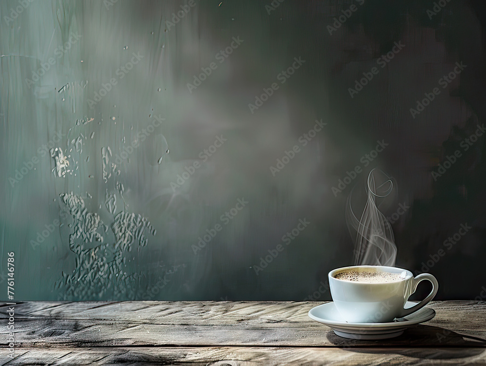 Fototapete a steaming cup of latte on a rustic table with morning light, space for text