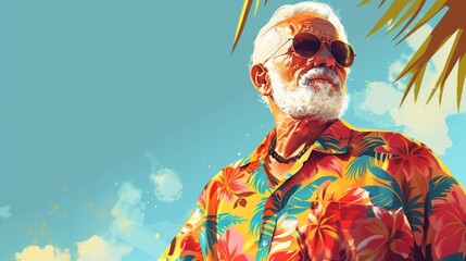 Stylish senior man chic Hawaiian shirt 2010s midday sun candid street style - obrazy, fototapety, plakaty