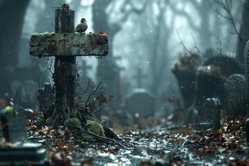 A pair of ducklings waddling around a wooden sign in the midst of tombstones, their fluffy presence bringing light-heartedness to the serene setting - obrazy, fototapety, plakaty