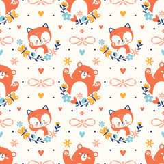 Cute animal seamless pattern. Little funny bear cub and baby fox among flowers. Spring vector background. Adorable kids textile or fabric
