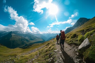 Fototapeta premium Hikers travel mountain trails, energetic, trekking, and adventurous. Varied natural lighting conditions. Warm, late afternoon sunlight. Nature and travel photography style. Hiker on top of mountain