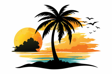 Fototapeta na wymiar beach palm sun watercolor silhouette vector illustration