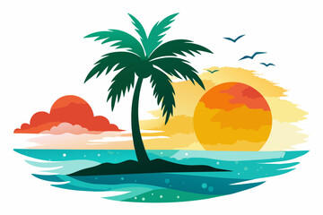 Fototapeta na wymiar beach palm sun watercolor silhouette vector illustration