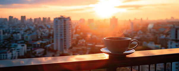 A solitary cup of coffee on a balcony overlooking the city at dawn, serene start to the day, inspirational quote space