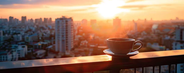 Foto op Plexiglas A solitary cup of coffee on a balcony overlooking the city at dawn, serene start to the day, inspirational quote space © Khritthithat