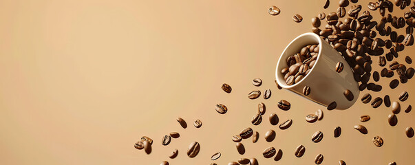 Fototapeta premium Coffee beans cascading around a latte cup, ideal for branding, space for text