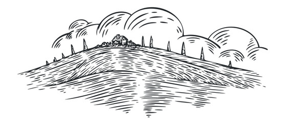 Rural landscape with clouds on sky, panoramic environment in monochrome hand draw sketch style. Vector vintage illustration.