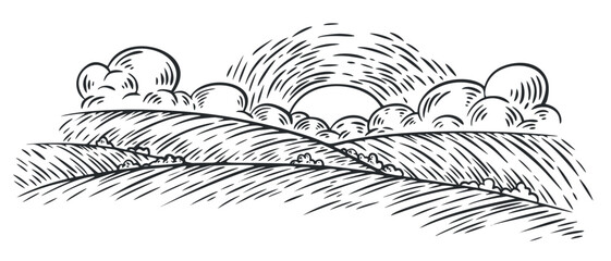 Rural landscape with clouds on sky, panoramic environment in monochrome hand draw sketch style. Vector vintage illustration. - 776147951