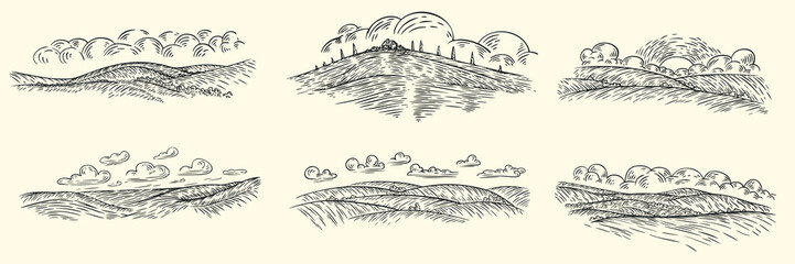 Set rural landscape with clouds on sky, panoramic environment in monochrome hand draw sketch style. Vector vintage illustration. - 776147953