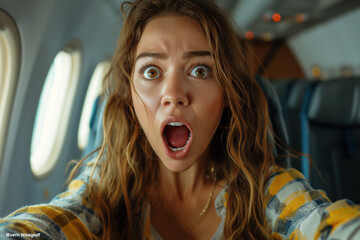 afraid scared anxiety frightened woman passenger screams of aerophobia inside plane in flight