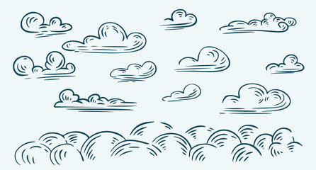 Set of clouds in hand drawn vintage retro style isolated on white background. Cartoon design elements. Vector illustration. - 776147972