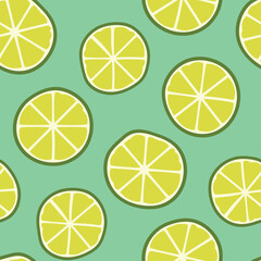 green lime slices seamless summer pattern; It's ideal for use in beverage packaging, kitchen textiles, or tropical-themed designs- vector illustration