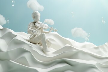 3D clay musician with instrument, melodic scene, notes floating on an airy backdrop