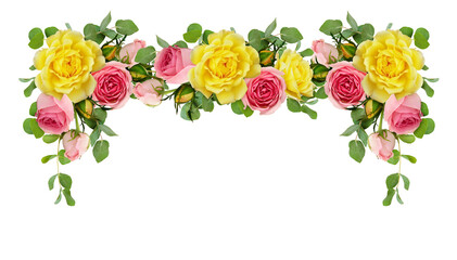 Pink and yellow rose flowers with eucalyptus leaves in frame arrangement isolated on white or...