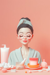 Claystyle 3D render of a woman with skincare products, serene on a solid pastel background