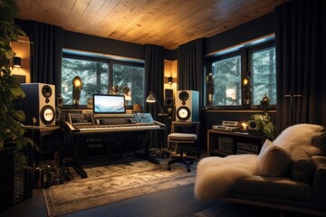 Naklejka premium Home recording studio setup, A cozy home recording studio with beautiful soundproofing, AI generated