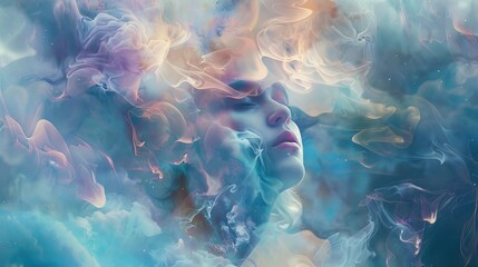Dreamer among surreal landscapes, woman in abstract realms, ethereal - obrazy, fototapety, plakaty