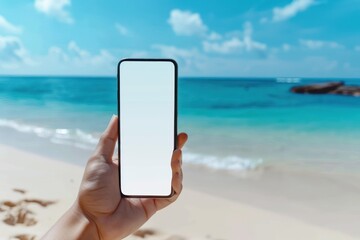 A hand holding a smartphone with a white mockup screen at a beach