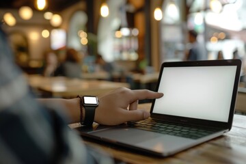 A hand with a smartwatch mockup screen typing on a laptop in a coffee shop