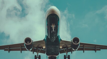 Underbelly view of an airplane mid-flight with landing gear visible against a cloudy sky - obrazy, fototapety, plakaty