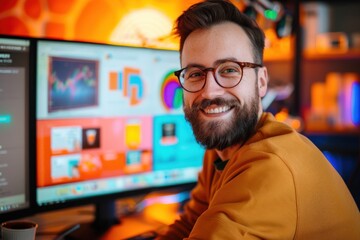 Fototapeta premium A smiling digital marketer with vibrant color screens