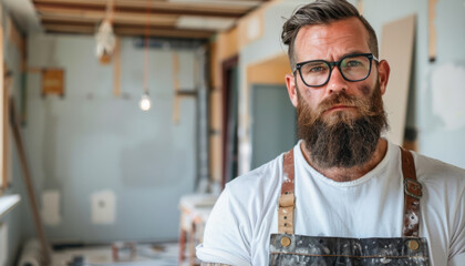 A foreman in a work uniform is making repairs in an apartment.