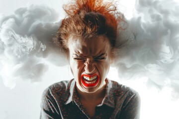 A very Angry woman with red face and steam jets emerging from his ears Isolated on solid white background - obrazy, fototapety, plakaty