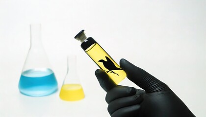 bird flu vaccination illustration showing liquid in a glass vial with a black bird silhouette on the bottle and full flasks with blue and yellow liquid behind it,  isolated on white background