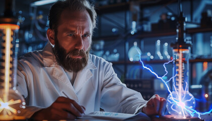 A scientist physicist and mathematician conducts experiments with electricity in the laboratory.