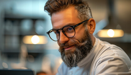 Portrait of a male chief physician in his office at work. Professor Doctor of Science in Surgery and Cardiology.