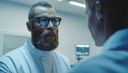 Portrait of a male chief physician in his office at work. Professor Doctor of Science in Surgery and Cardiology.