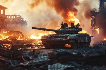armored tank crosses a mine field during war invasion epic scene of fire and some in destroyed city - obrazy, fototapety, plakaty