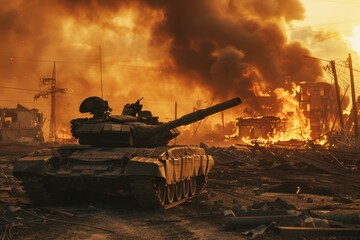 armored tank crosses a mine field during war invasion epic scene of fire and some in destroyed city - obrazy, fototapety, plakaty