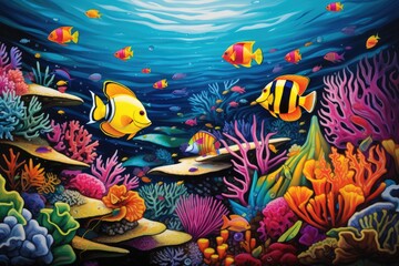 An underwater scene with brightly colored tropical fish illustration, Ai generated