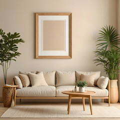  Modern and simlpe home living room interior with table and chairs, window. Mockup frame Mockup posters in child room interior,