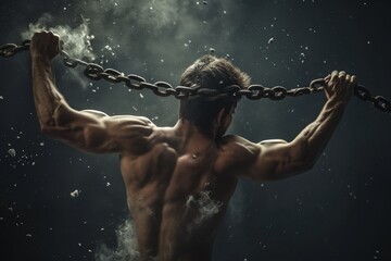 A man wearing a chain around his neck, captured in a straightforward shot, A man breaking the chains symbolizing his transformation through fitness, AI Generated