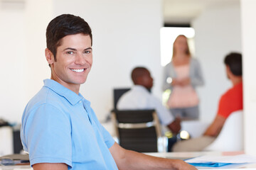 Casual, male person and smile in portrait at office with colleagues, working or job or happy....