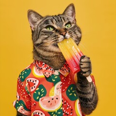 A cat in a fruit print shirt munching on a popsicle, animal in summer fashion background - obrazy, fototapety, plakaty