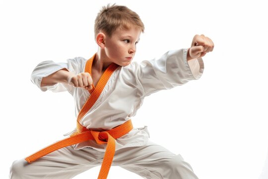 boy karate fighter in action on solid white background