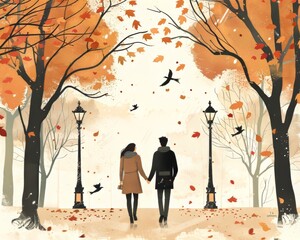 A couple is walking in a park with trees and leaves falling. Scene is romantic and peaceful