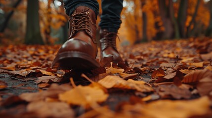 A close-up shot of leather boots walking on a path covered with fallen leaves in an autumn park - obrazy, fototapety, plakaty