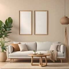 Fototapeta na wymiar 3d render, Mock up frame in cozy home interior background, coastal style bedroom